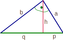 Bild: Rechtwinkliges Dreieck mit Höhe h und den Abschnitten 
p und q
